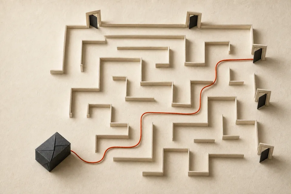 An orange thread finding one route from a finished paper object through a quiet maze